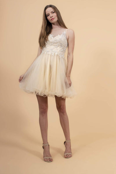 Elizabeth K - GS1607 Embroidered Bodice Illusion Tulle Cocktail Dress Special Occasion Dress XS / Champagne