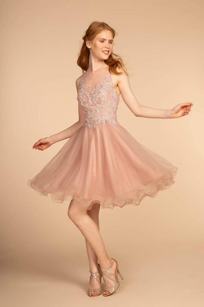 Elizabeth K - GS1607 Embroidered Bodice Illusion Tulle Cocktail Dress Special Occasion Dress XS / Mauve