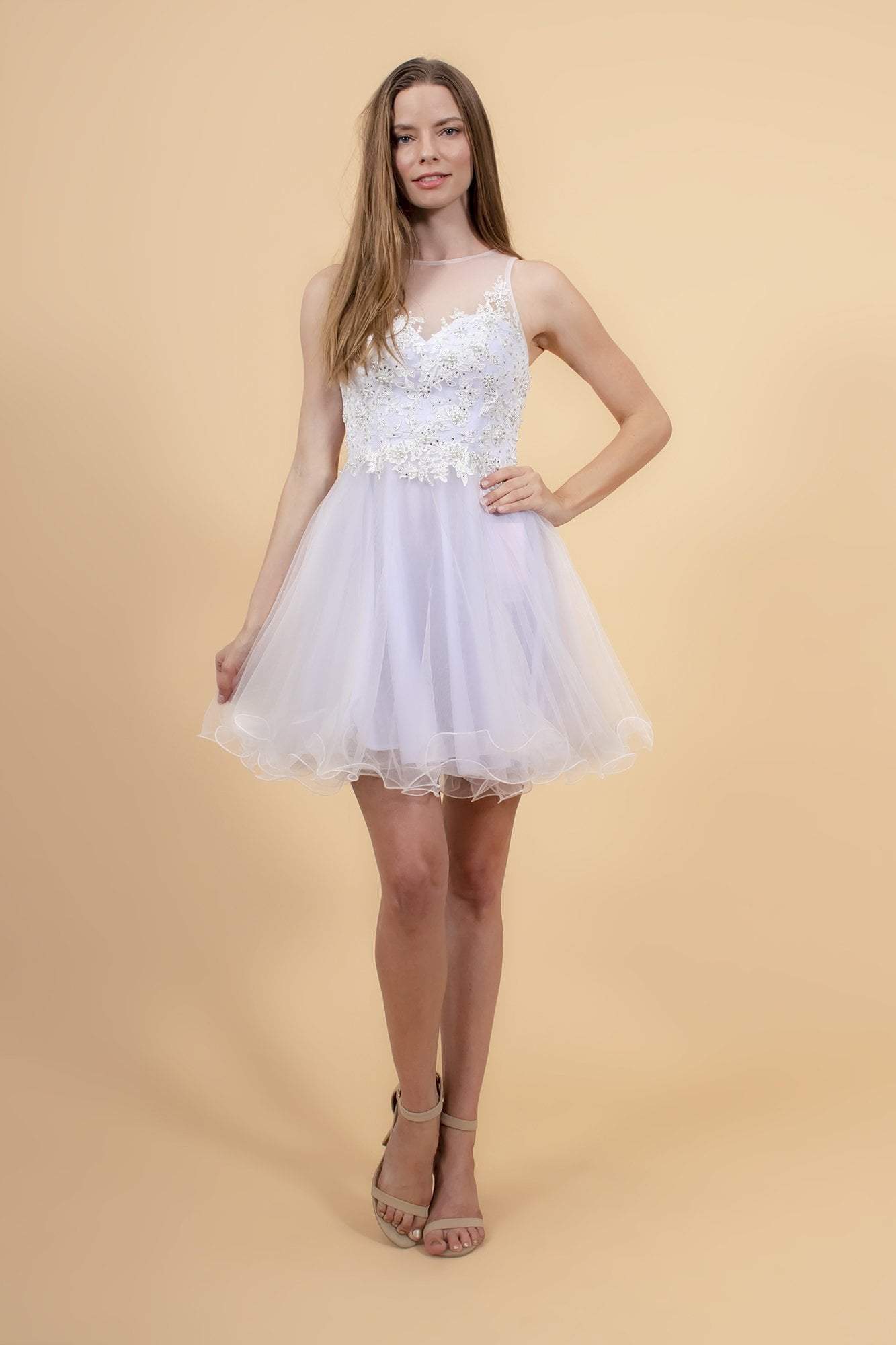 Elizabeth K - GS1607 Embroidered Bodice Illusion Tulle Cocktail Dress Special Occasion Dress XS / White