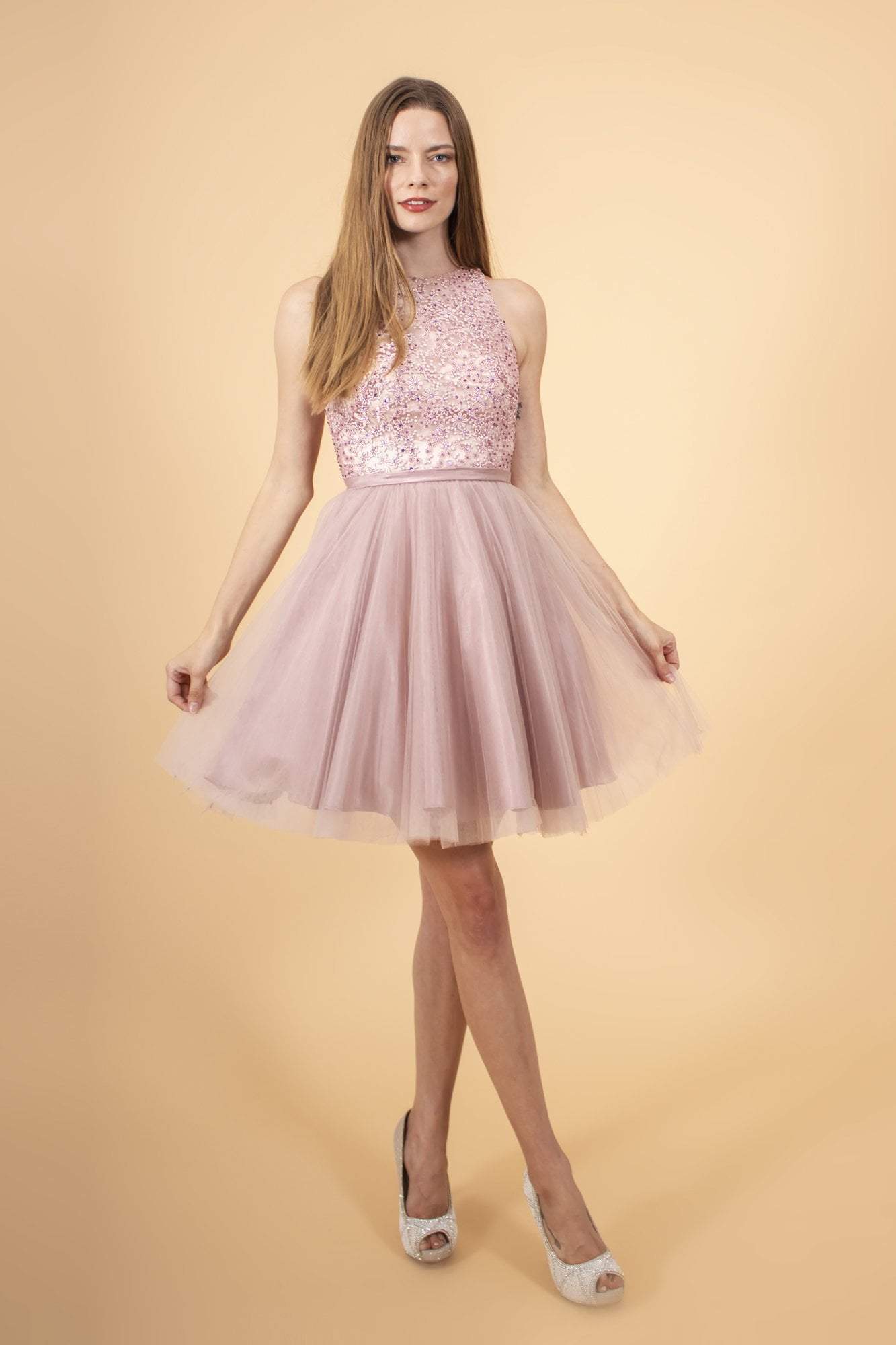 Elizabeth K - GS1610 Embroidered Pleated A-Line Cocktail Dress Special Occasion Dress XS / Mauve