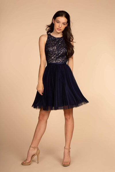 Elizabeth K - GS1610 Embroidered Pleated A-Line Cocktail Dress Special Occasion Dress XS / Navy