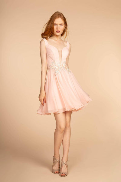 Elizabeth K - GS1617 Deep V-neck Floral Applique Chiffon A-line Dress Cocktail Dresses XS / Blush