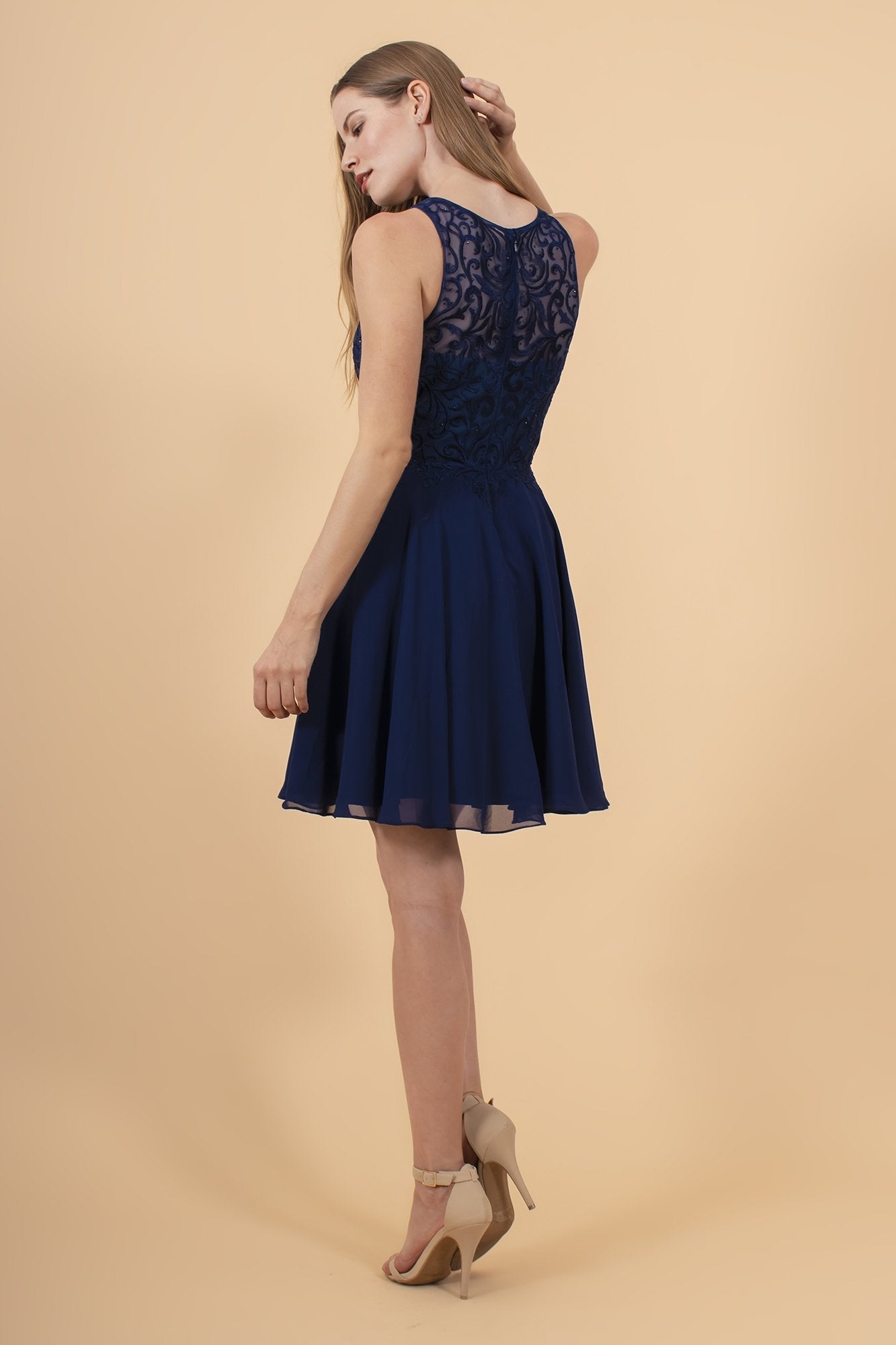 Elizabeth K - GS1618 Embroidered Swirl Motif Illusion Chiffon Dress Special Occasion Dress