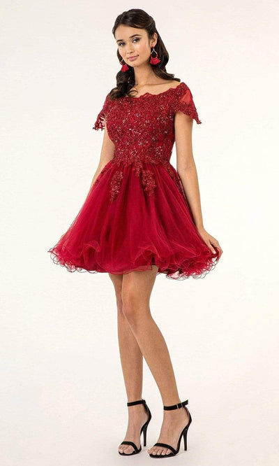Elizabeth K - GS1953 Lace Embroidered Bodice Fit and Flare Tulle Dress Homecoming Dresses XS / Burgundy