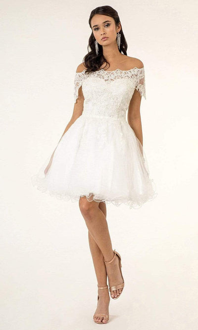 Elizabeth K - GS1953 Lace Embroidered Bodice Fit and Flare Tulle Dress Homecoming Dresses XS / White