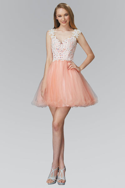 Elizabeth K - GS2045 Lace Embellished V-Neck Tulle Dress Special Occasion Dress XS / Coral