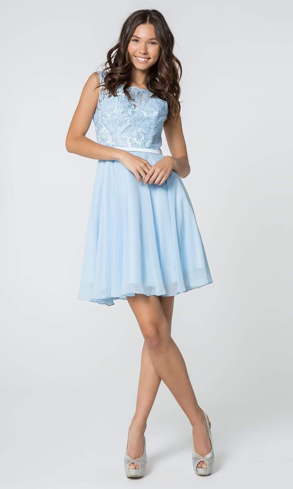 Elizabeth K - Short Lace Up Back Chiffon Dress GS2807SC In Blue
