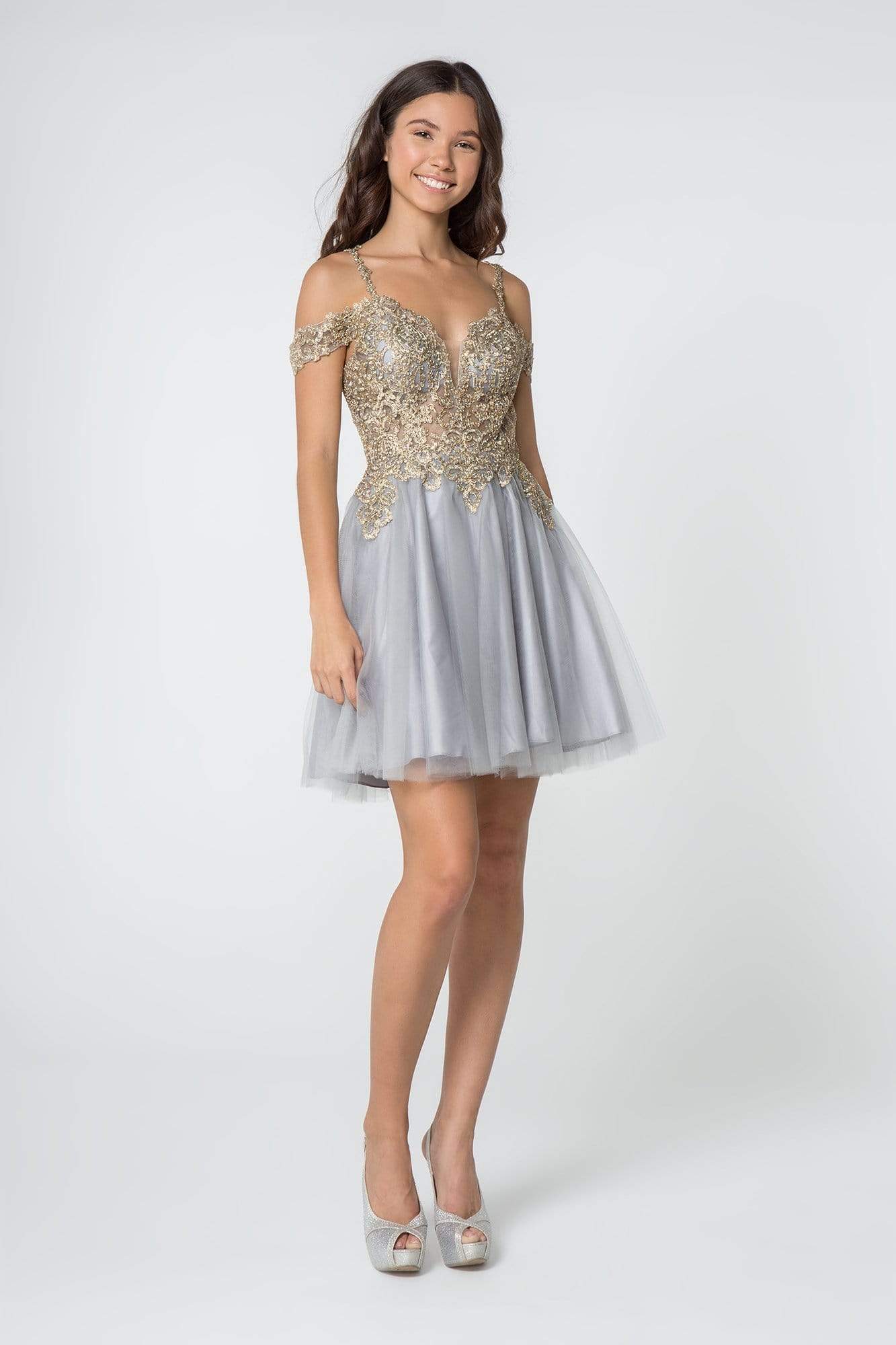 Elizabeth K - GS2808 Jeweled Gilt Appliqued A-Line Dress Homecoming Dresses