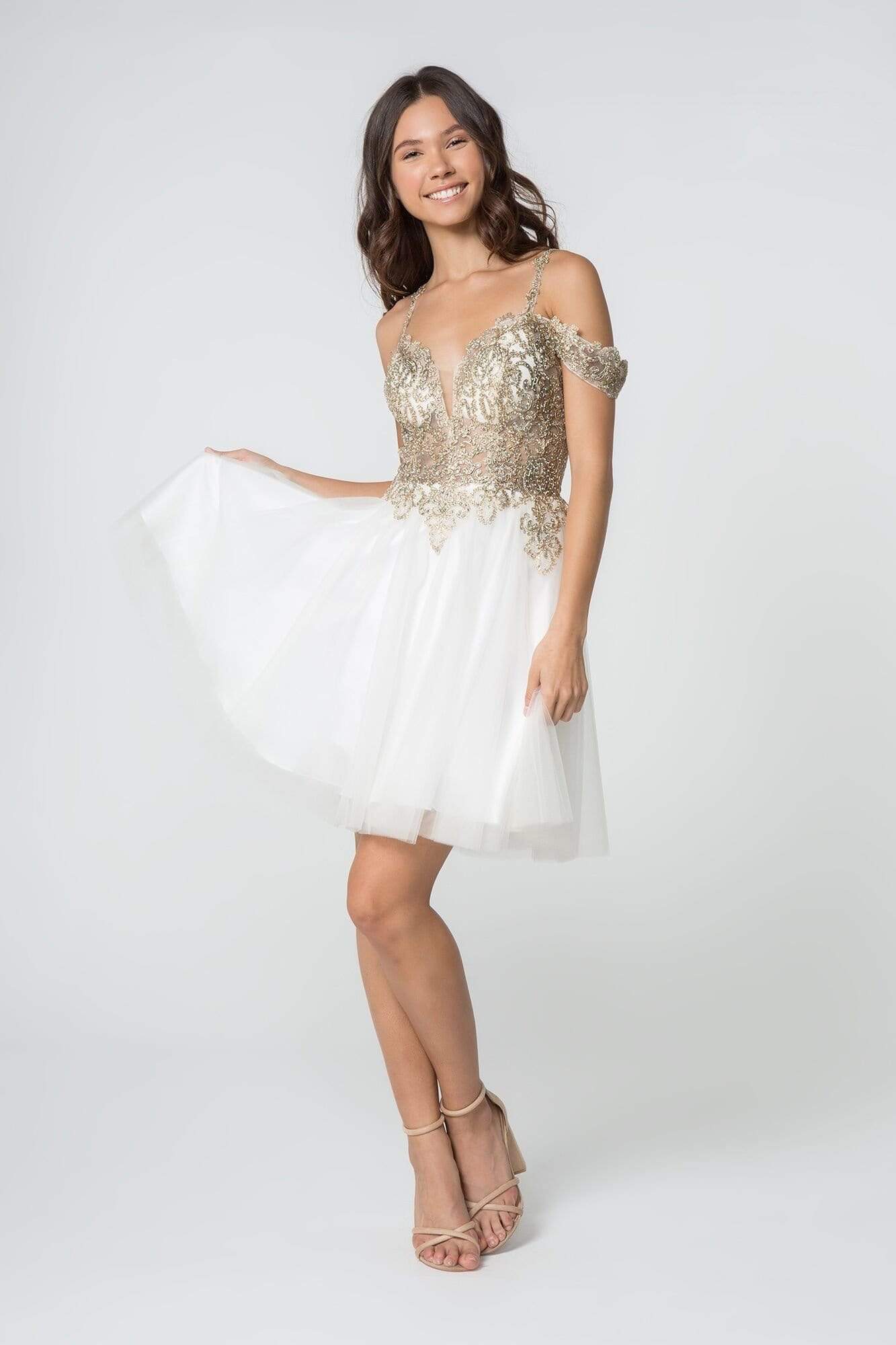 Elizabeth K - GS2808 Jeweled Gilt Appliqued A-Line Dress Homecoming Dresses XS / White