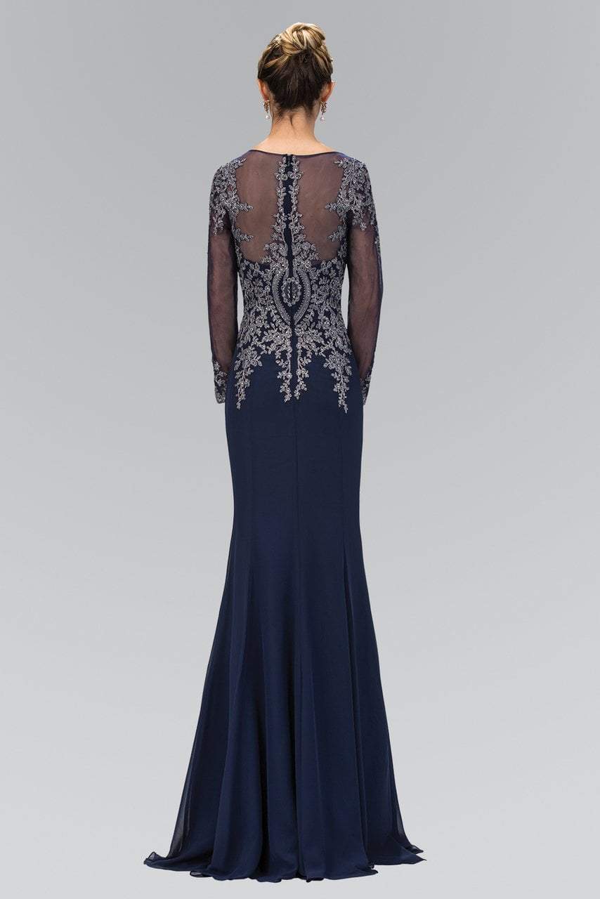 Elizabeth K Illusion Long Sleeve Metallic Lace Gown - 1 pc Navy In Size L Available CCSALE