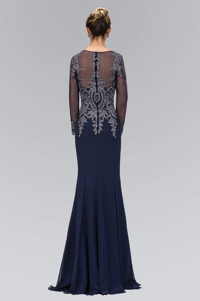 Elizabeth K Illusion Long Sleeve Metallic Lace Gown - 1 pc Navy In Size L Available CCSALE