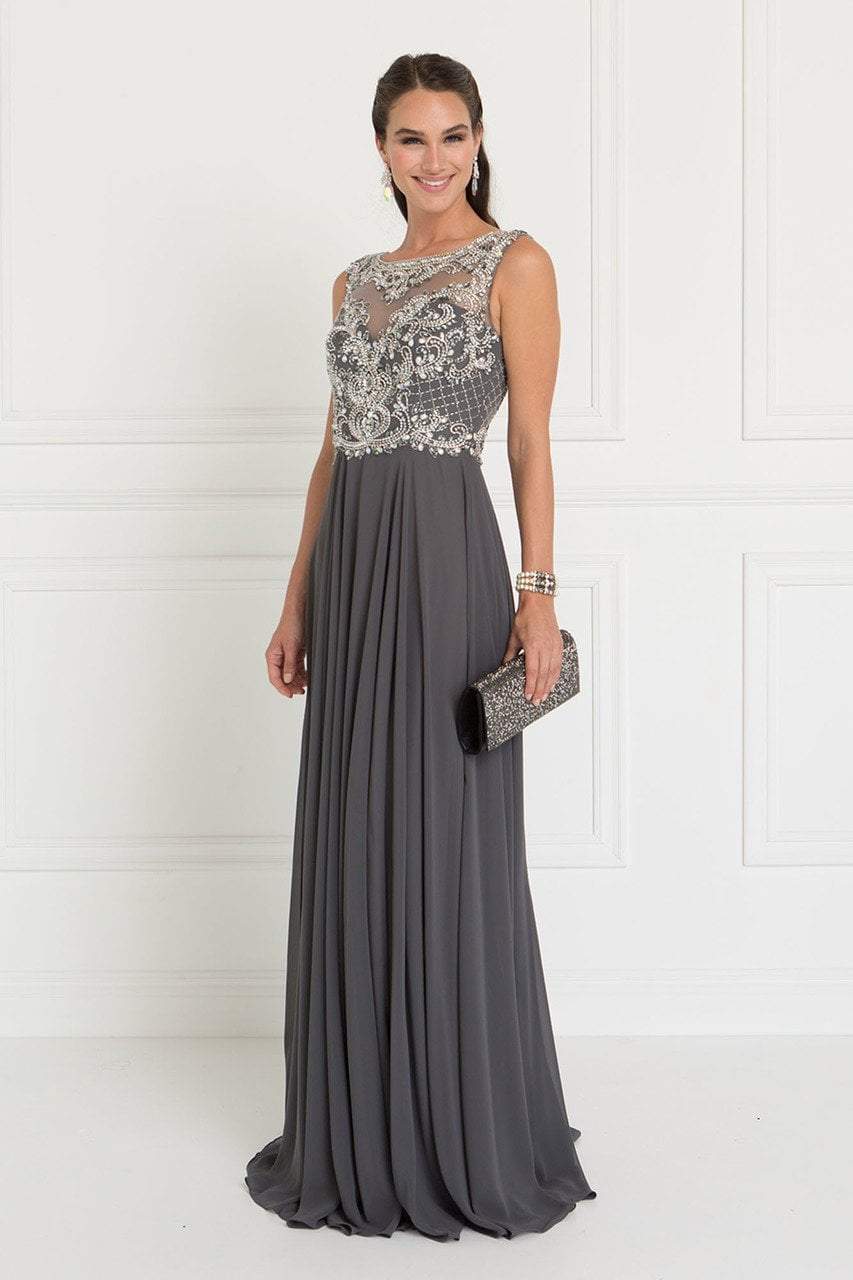 Elizabeth K Jeweled Illusion Bateau Chiffon A-line Gown GL1565 - 1 pc Charcoal in Size L Available CCSALE