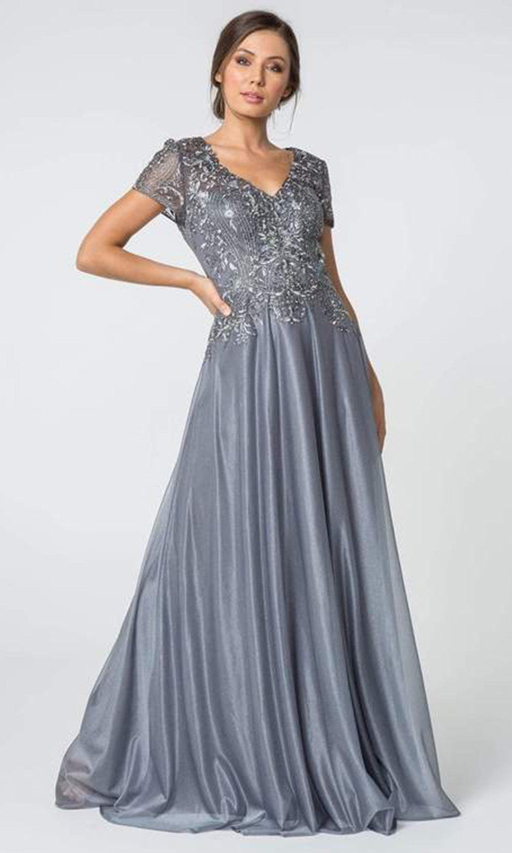 Elizabeth K - Long V-Neck Embellished Lace A-Line Dress  In Silver