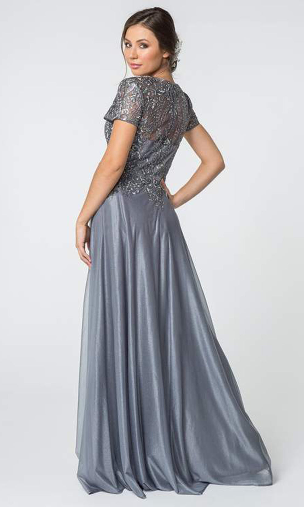 Elizabeth K - Long V-Neck Embellished Lace A-Line Dress  In Silver