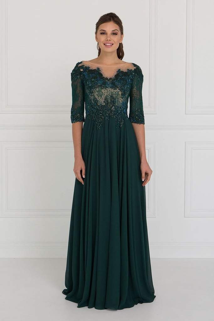 Elizabeth K Quarter Sleeve Jewel Adorned Illusion Lace Gown GL1528 CCSALE L / Green