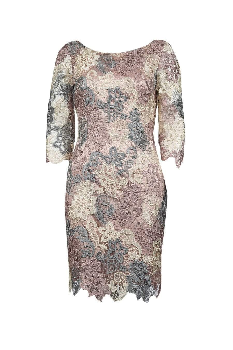 Eliza J Evening - EJ7M5417 Two Tone Lace Jewel Neck Sheath Dress In Pink and Grey