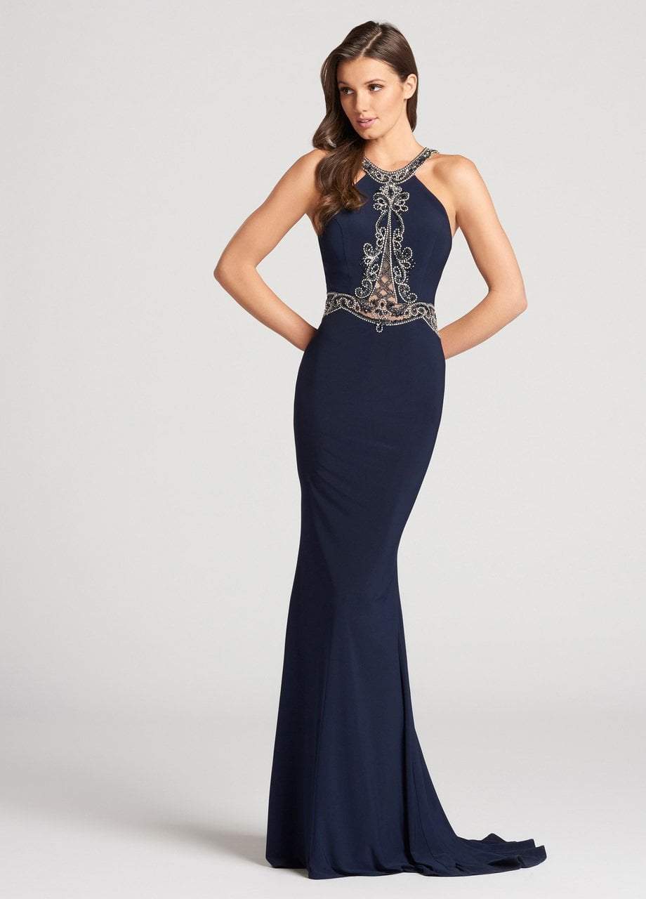 Ellie Wilde Beaded Illusion Paneled Halter Long Gown - 1 pc Navy In Size 8 Available CCSALE 8 / Navy