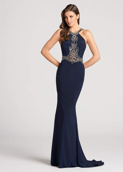 Ellie Wilde Beaded Illusion Paneled Halter Long Gown - 1 pc Navy In Size 8 Available CCSALE 8 / Navy