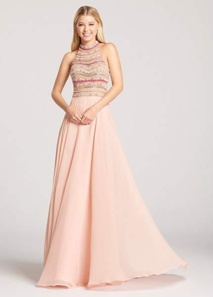 Ellie Wilde - Beaded High Halter Chiffon A-line Dress EW118155 In Pink