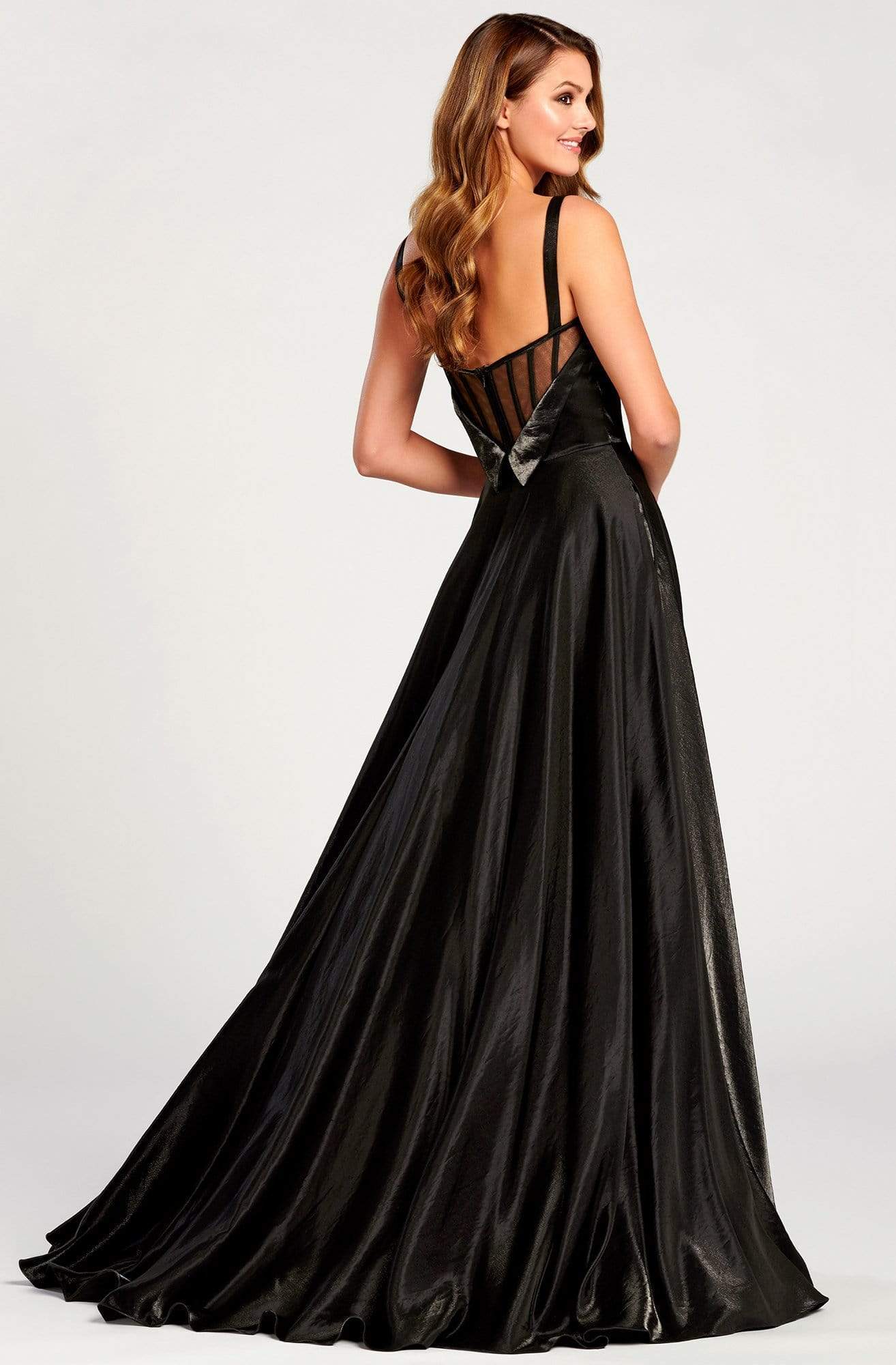 Ellie Wilde - EW120015 Illusion Plunging V Neck Shimmer Ballgown Formal Gowns 00 / Black