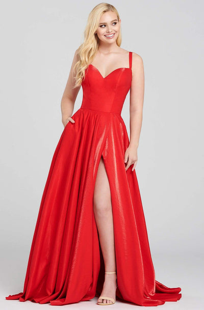 Ellie Wilde - EW120015 Illusion Plunging V Neck Shimmer Ballgown Formal Gowns 00 / Red