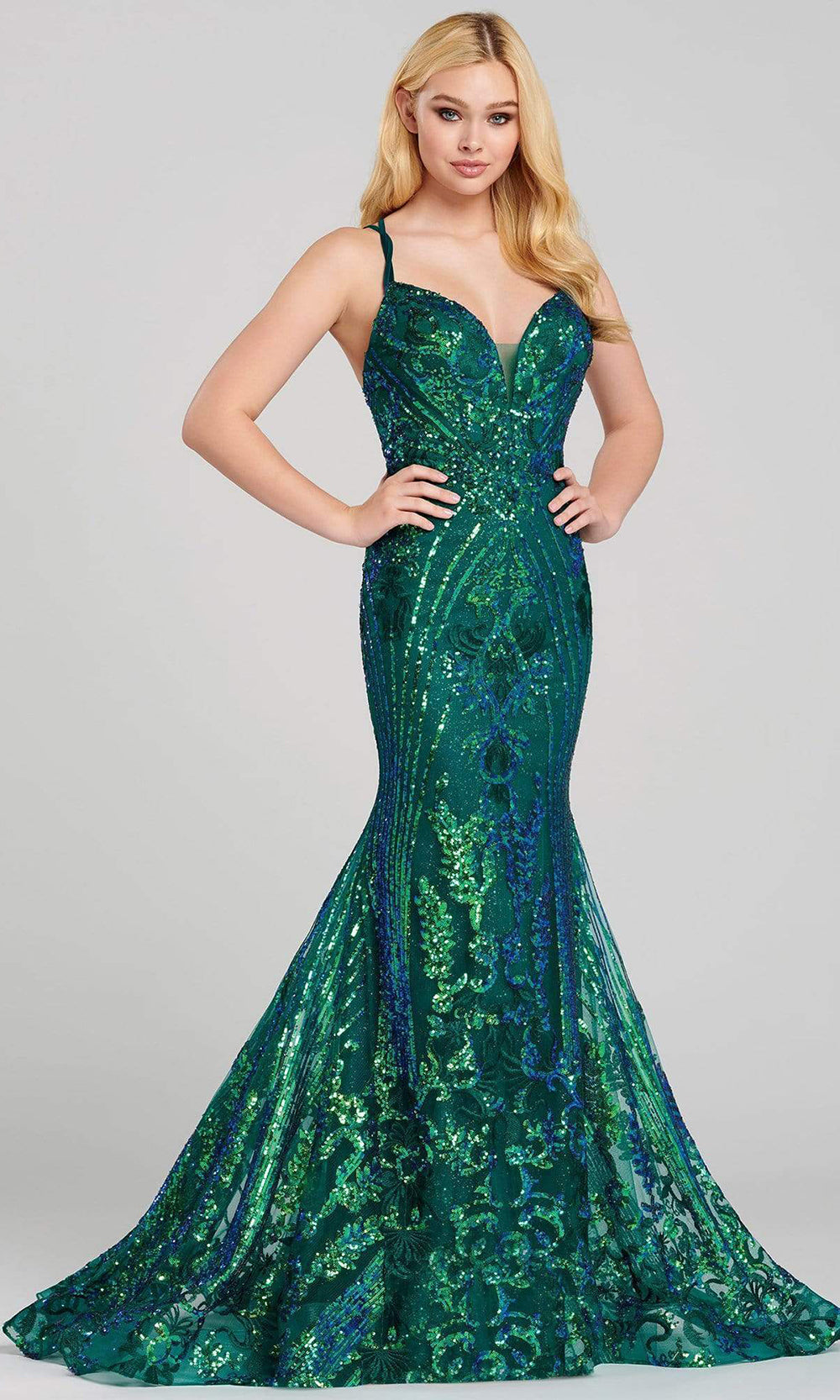 Ellie Wilde - Strappy Sequined Trumpet Evening Dress EW120028 - 1 pc Emerald In Size 10 Available CCSALE 10 / Emerald