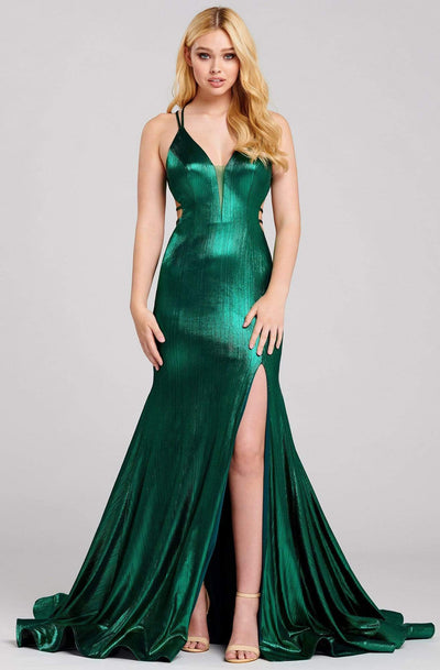 Ellie Wilde - EW120031 Sexy Strappy Back Shimmer Metallic Mermaid Gown Evening Dresses 00 / Emerald