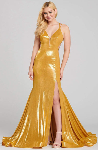 Ellie Wilde - EW120031 Sexy Strappy Back Shimmer Metallic Mermaid Gown Evening Dresses 00 / Gold