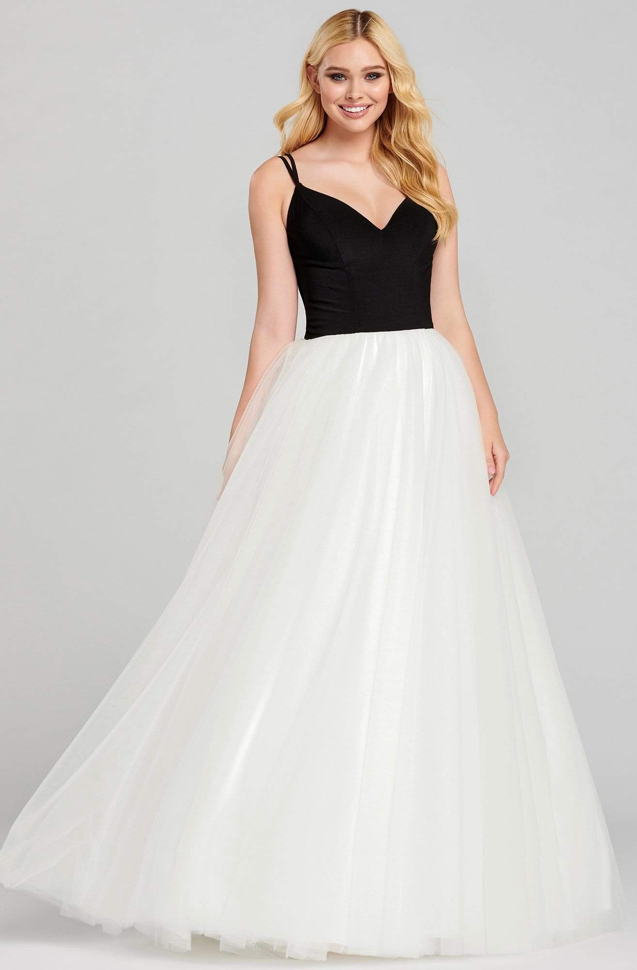 Ellie Wilde - EW120072 Crepe Plunging V-neck Tulle Ballgown Evening Dresses 00 / Black/White