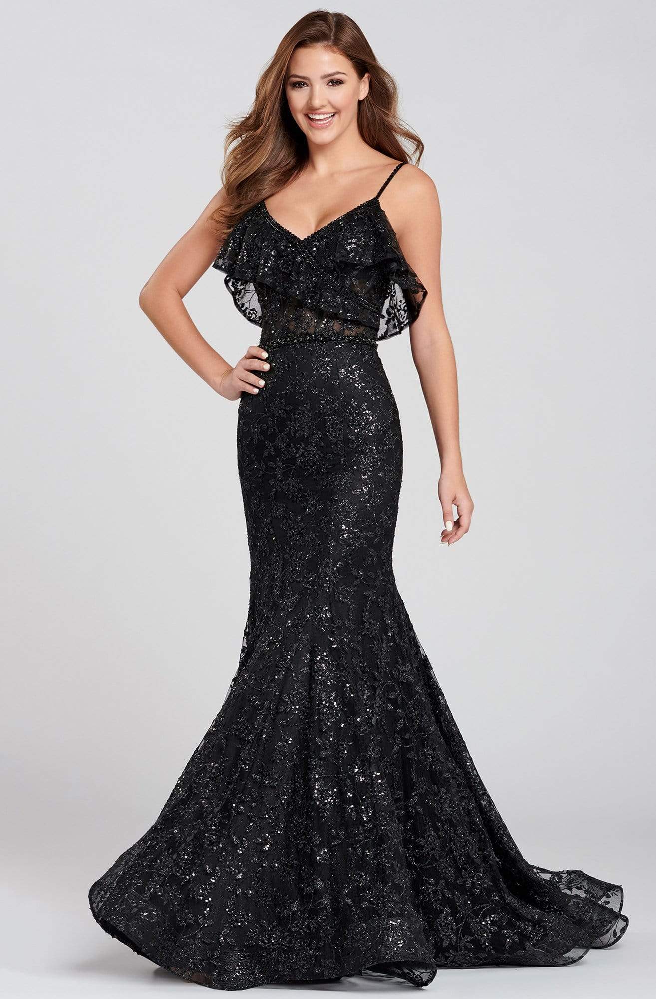 Ellie Wilde - EW120082 Sequin Embellished Ruffled V-Neck Dress Prom Dresses 00 / Black