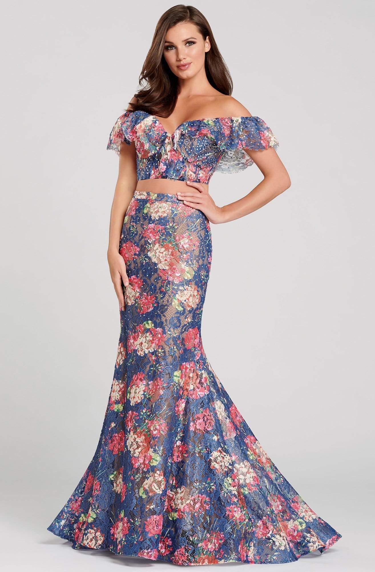 Ellie Wilde - EW120099 Off-Shoulder 2-Piece Novelty Lace Trumpet Dress Prom Dresses 00 / Navy Blue/Multi