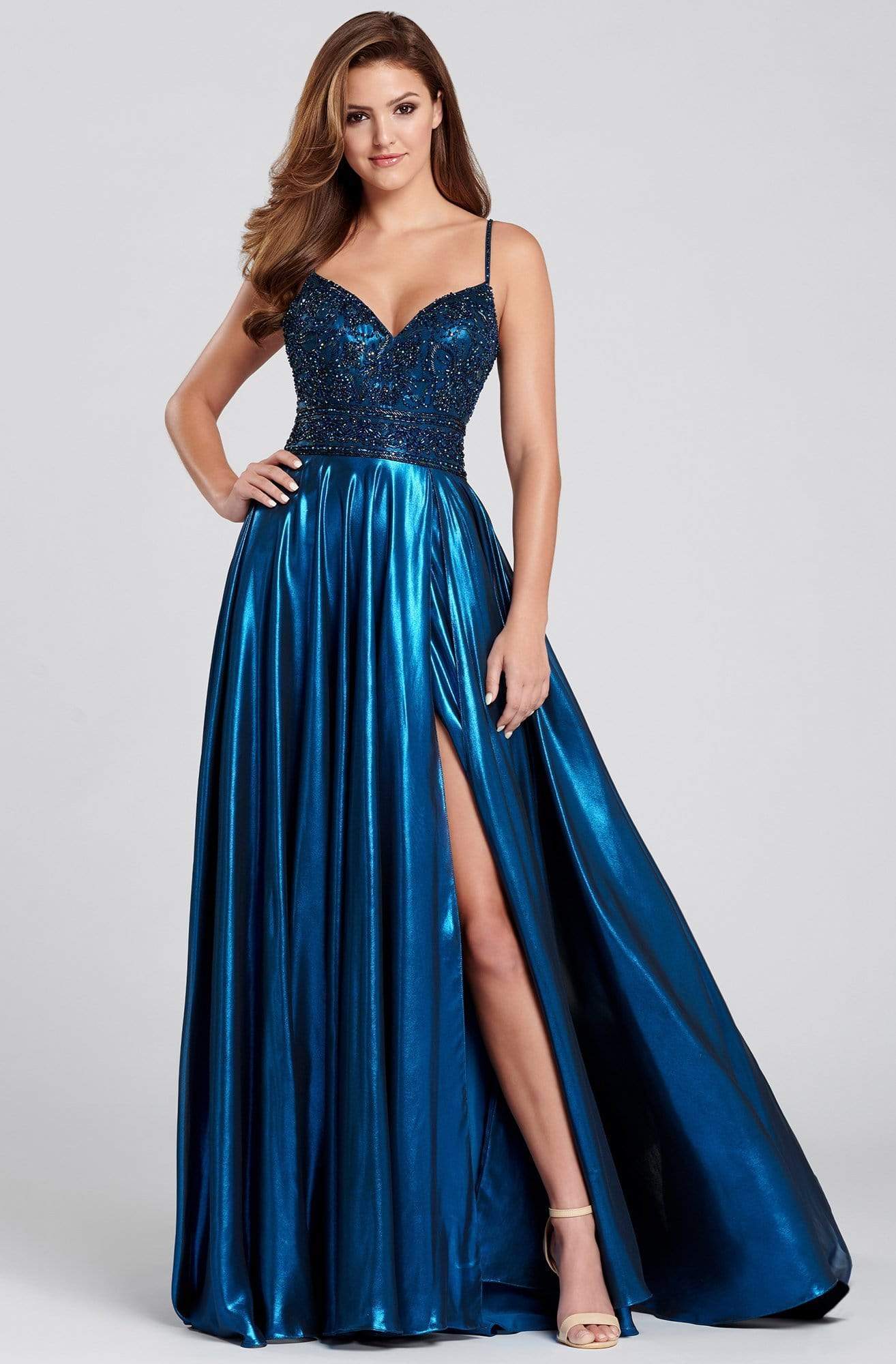 Ellie Wilde - Spaghetti Straps Beaded Bodice Ball Gown EW120107LSSC In Blue
