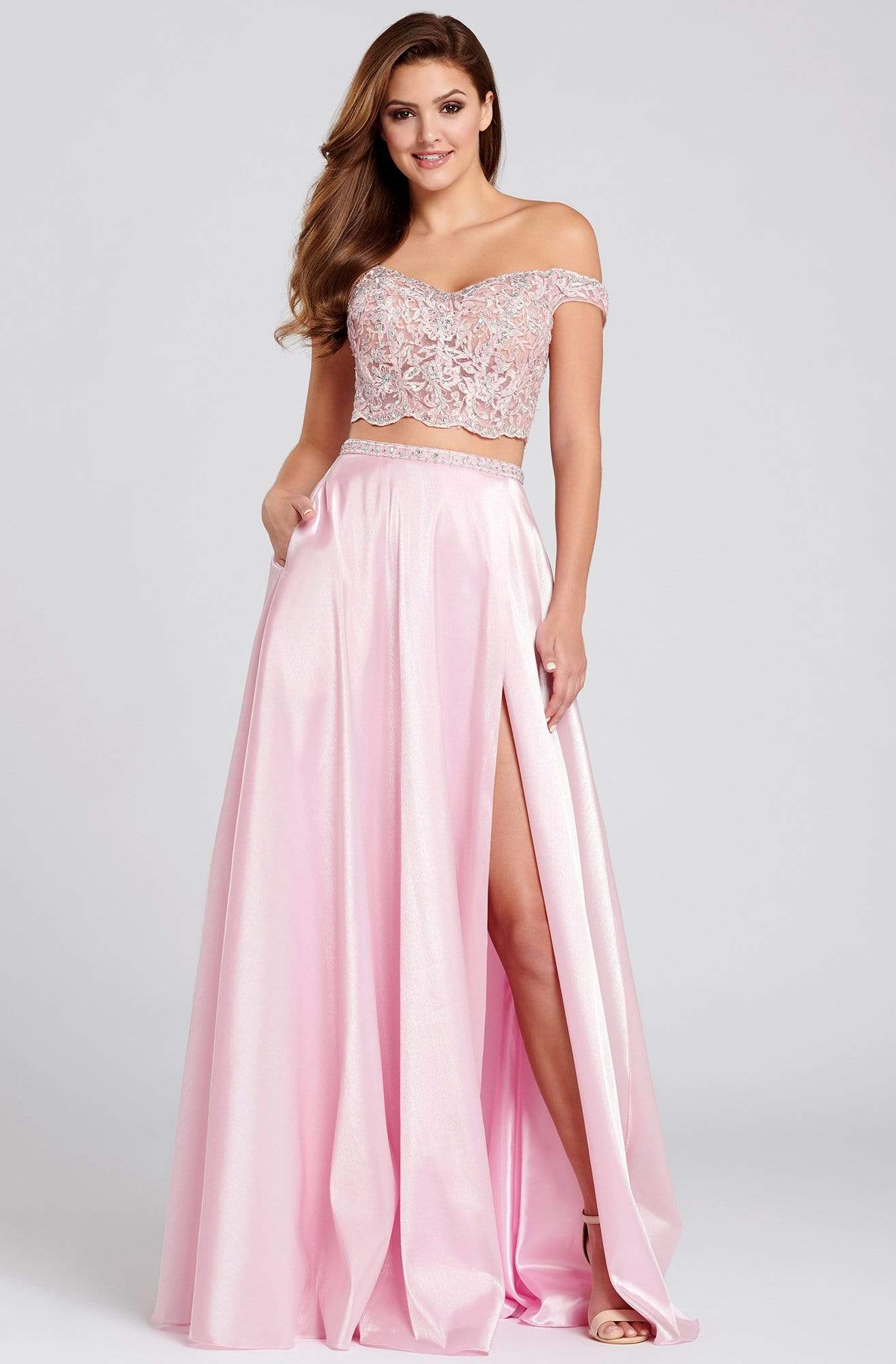 Ellie Wilde - EW120134 Two Piece Embroidered Off-Shoulder A-line Gown Prom Dresses 00 / Pink