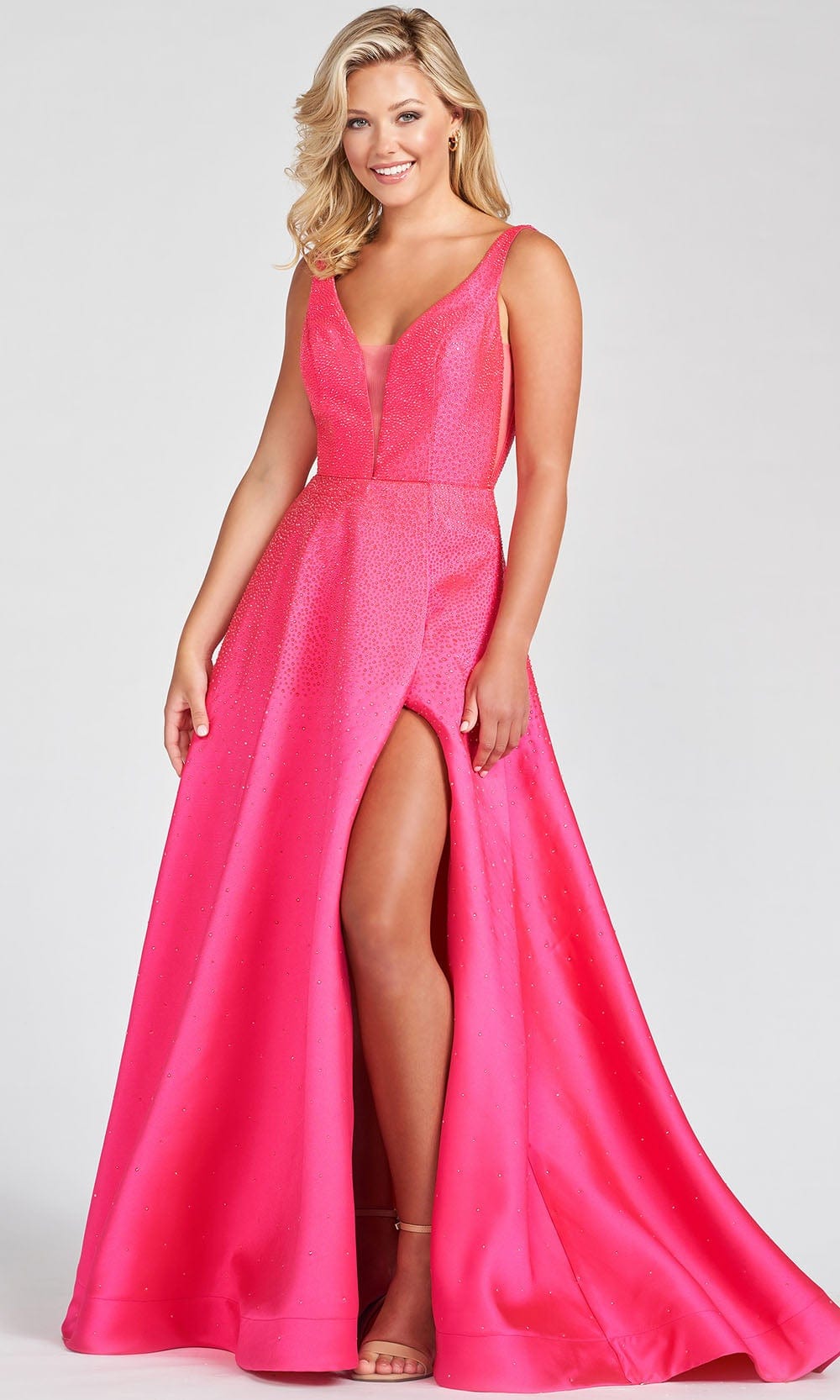 Ellie Wilde EW122021 - Beaded V-Neck Prom Gown Special Occasion Dress 00 / Hot Pink