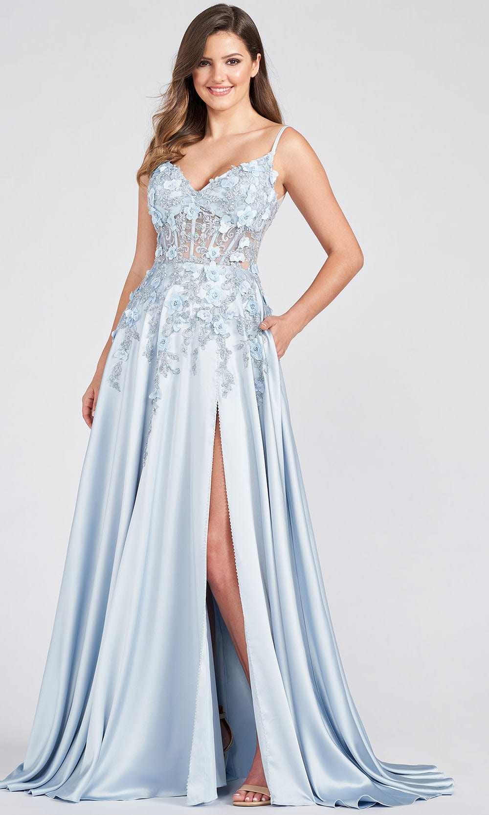Ellie Wilde EW122038 - Plunging V Corset A Line Formal Gown Prom Dresses 00 / Dusty Blue