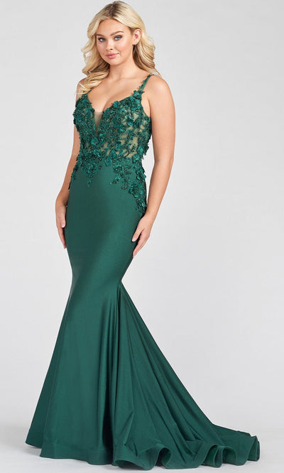 Ellie Wilde EW122041 - Floral Detailed Prom Gown Special Occasion Dress 00 / Emerald
