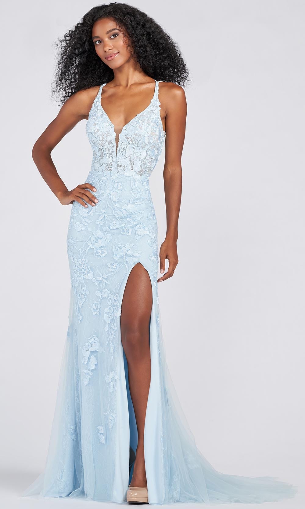 Ellie Wilde EW122098 - Lace And Stone Accents Corset Style Formal Gown Prom Dresses 00 / Light Blue