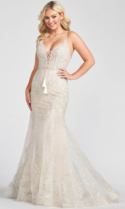 Ellie Wilde EW122105 - Sequined Lace With Stone Accents Mermaid Gown Prom Dresses 00 / Ivory/Pearl
