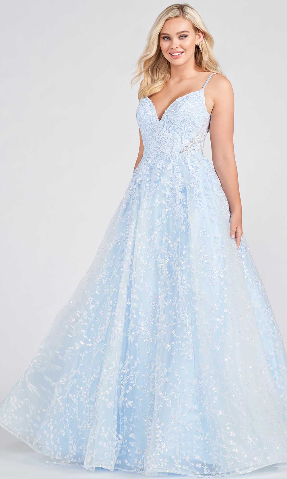 Ellie Wilde EW122107 - V-Neck Embroidered Prom Dress Prom Dresses 00 / Light Blue