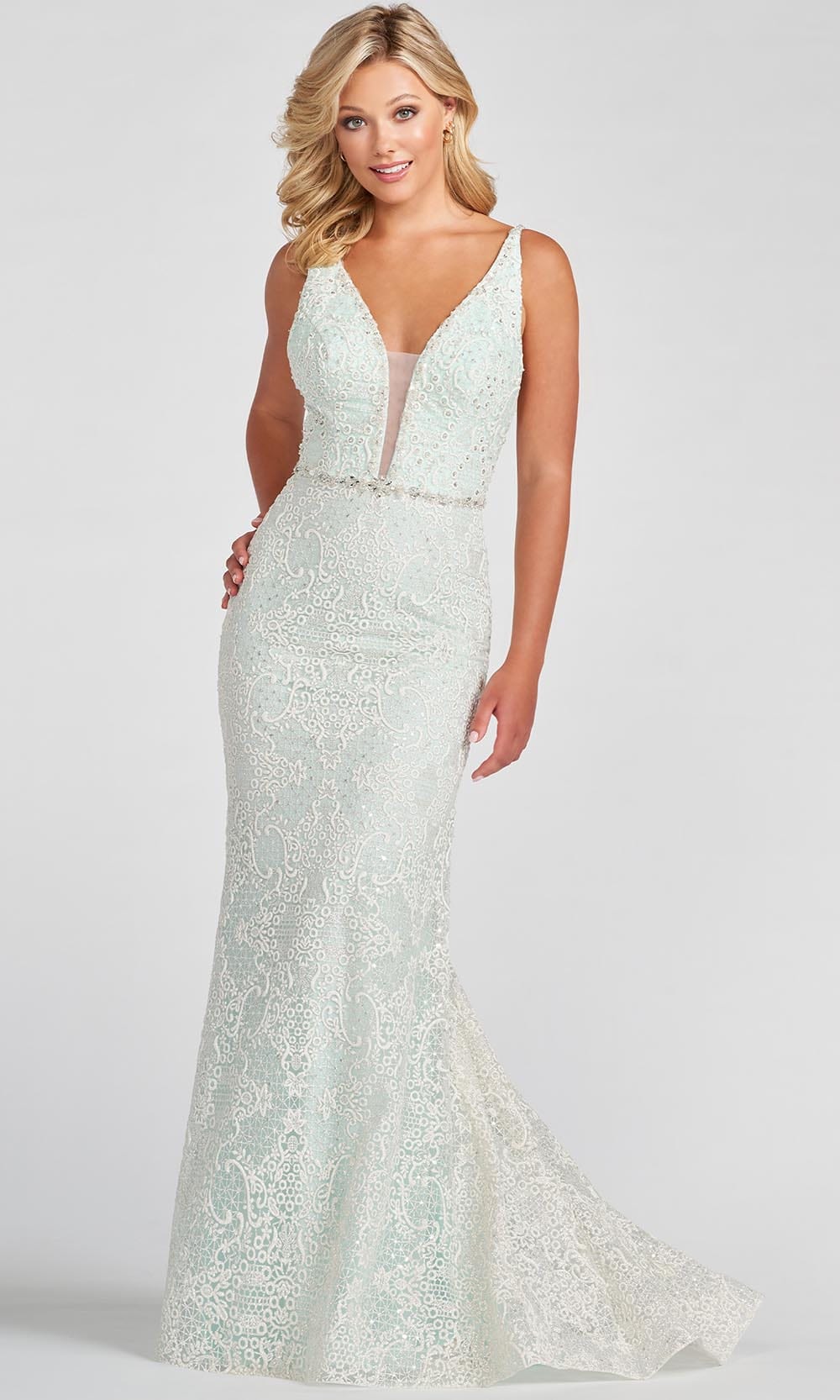 Ellie Wilde EW122116 - Cracked Ice With Beading Accents Mermaid Gown Prom Dresses 00 / Ivory/Sea Mist