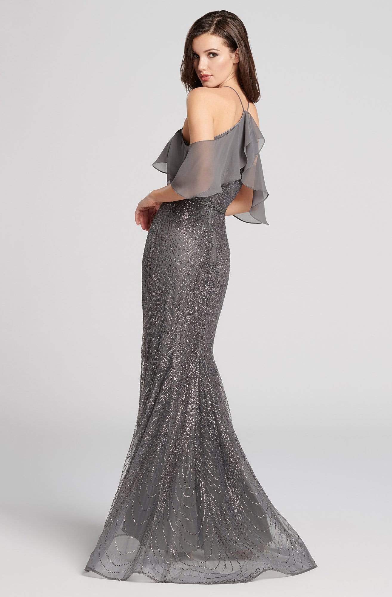 Ellie Wilde - EW21852 Draped Chiffon Off Shoulder Bejeweled Gown Special Occasion Dress 0 / Charcoal