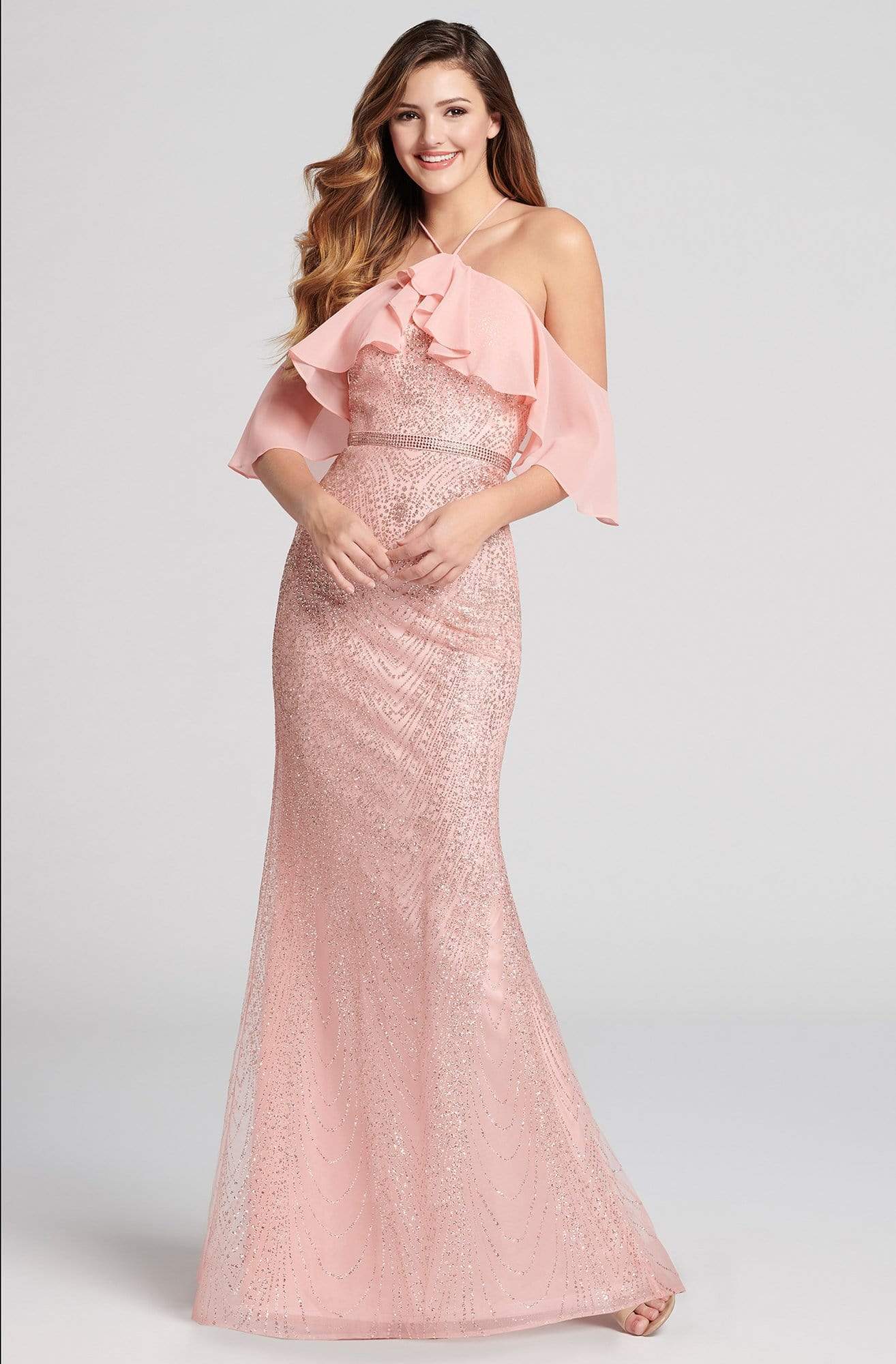 Ellie Wilde - EW21852 Draped Chiffon Off Shoulder Bejeweled Gown Special Occasion Dress 0 / Rose Gold