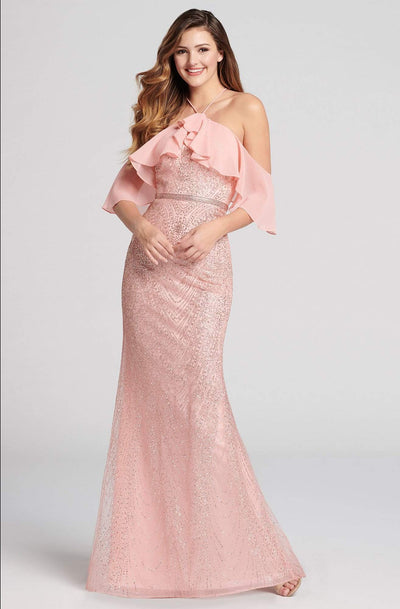 Ellie Wilde - EW21852 Draped Chiffon Off Shoulder Bejeweled Gown Special Occasion Dress 0 / Rose Gold