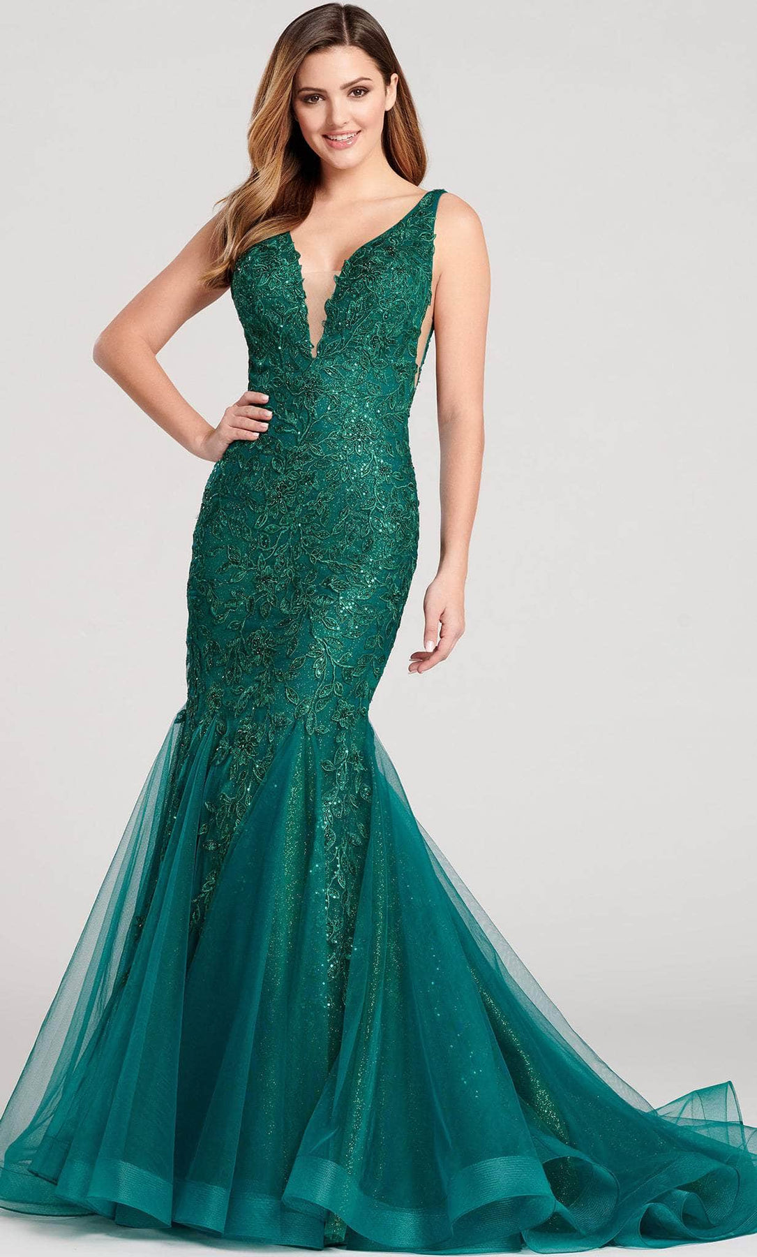 Ellie Wilde EW22047 - Long Glitter Tulle, Lace Applique, And Stone Accents Trumpet Dress - Sleeveless, Mesh Inset, Side Panels, Train, Open Scoop Back, Back Zipper Closure ADASA Ellie Wilde EW22047 - Long Glitter Tulle, Lace Applique, And Stone Accents Trumpet Dress - Sleeveless, Mesh Inset, Side Panels, Train, Open Scoop Back, Back Zipper Closure ADASA