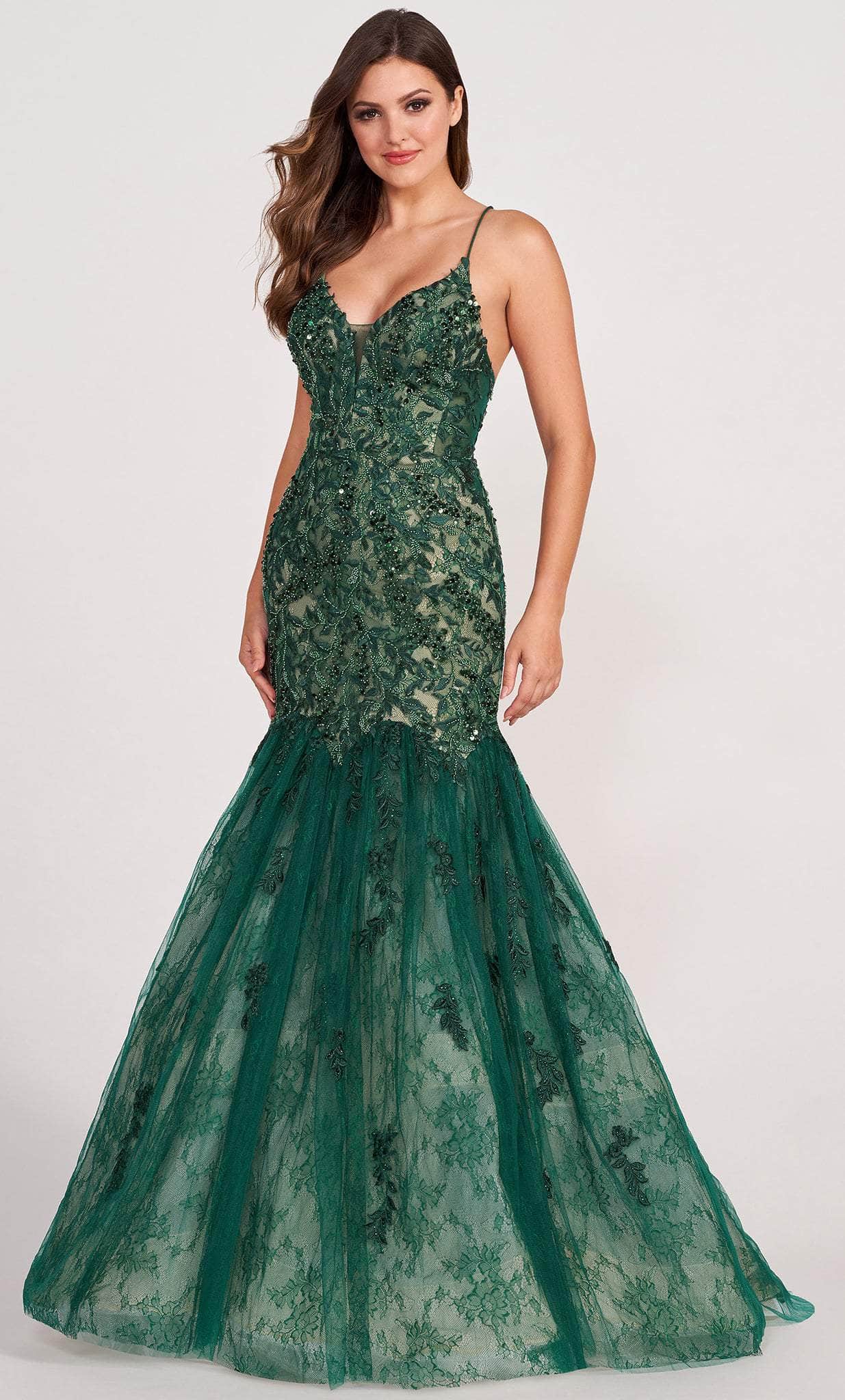 Ellie Wilde EW34064 - Beaded Lace Mermaid Prom Dress Prom Dresses 00 / Emerald/Nude