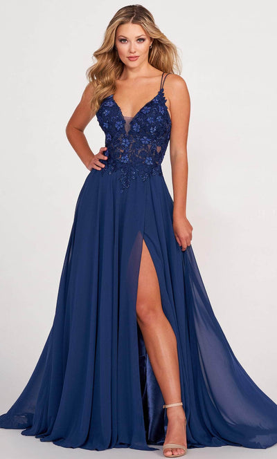 Ellie Wilde EW34078 - Sleeveless High A Slit A-Line Prom Dress Prom Dresses 00 / Navy