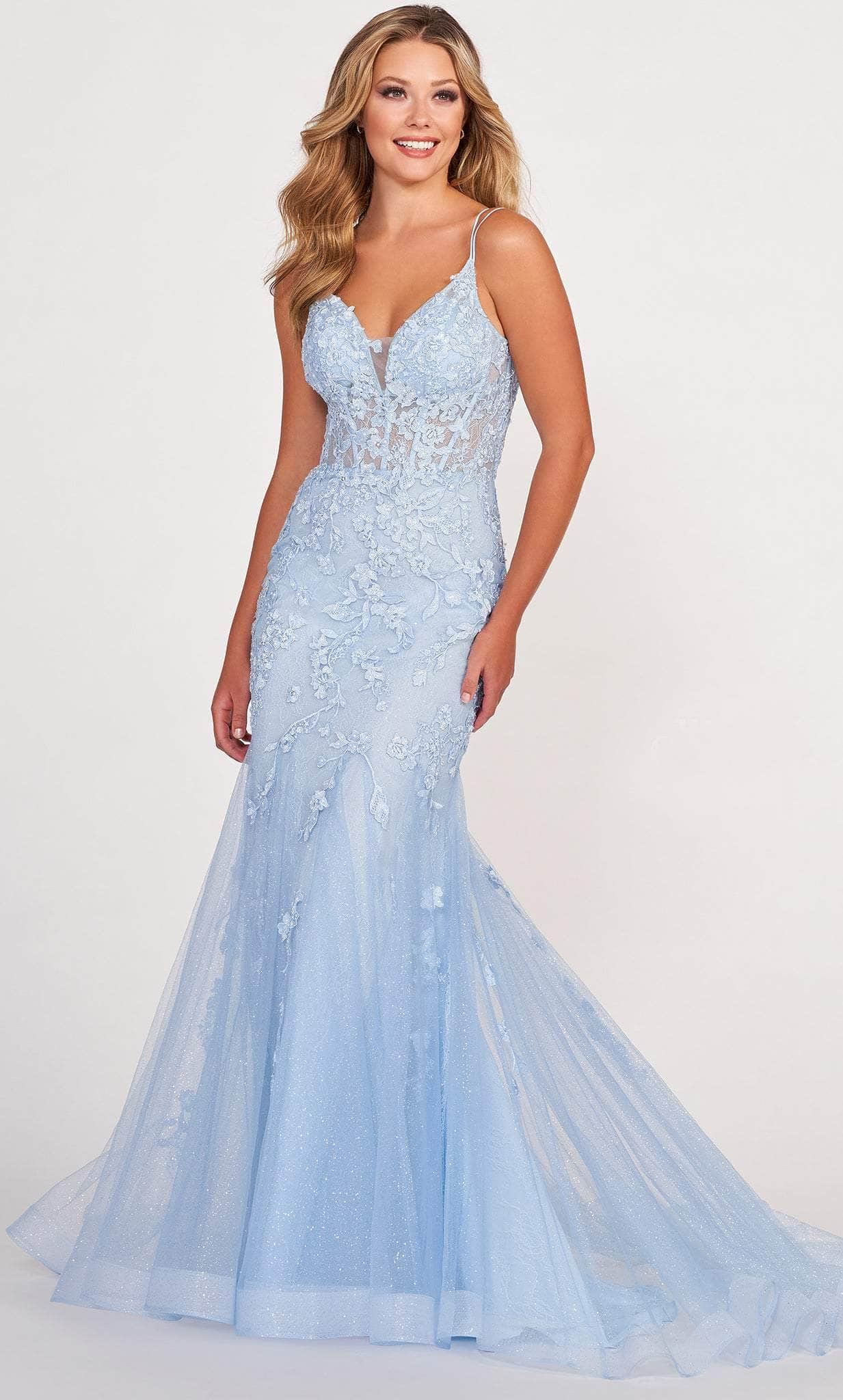 Ellie Wilde EW34080 - Embroidered Lace Tulle Mermaid Gown Prom Dresses 00 / Lt.Blue