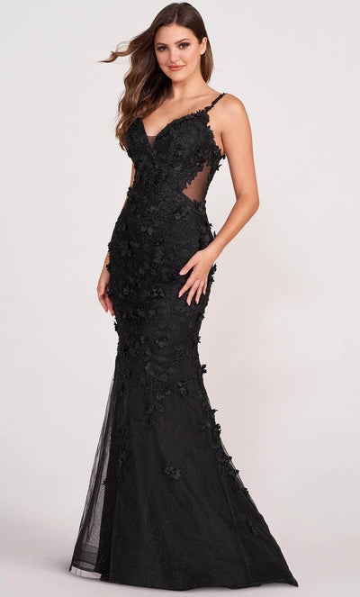 Ellie Wilde EW34114 - Floral Appliqued Trumpet Prom Dress Evening Dresses 00 / Black