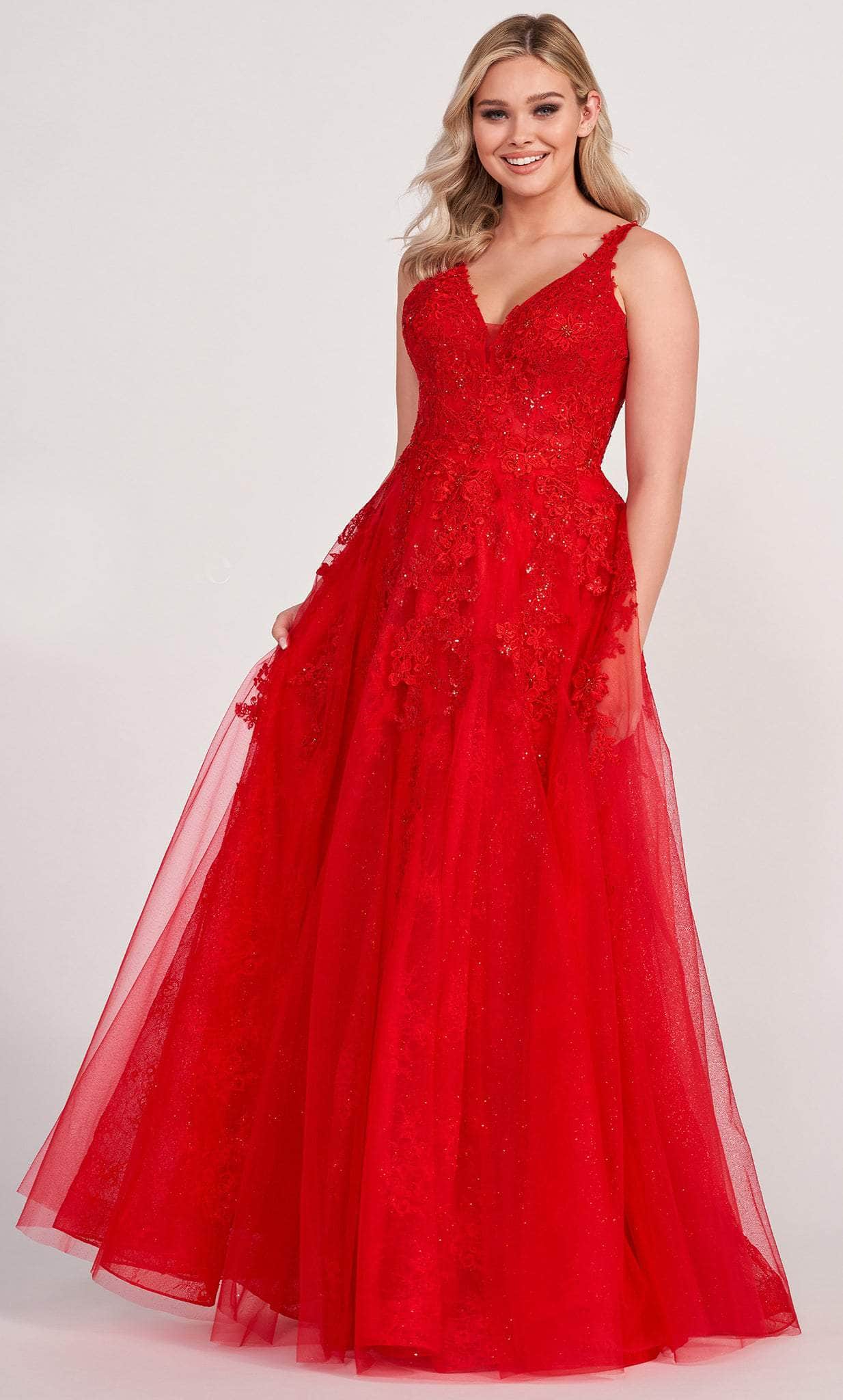 Ellie Wilde EW34123 - Plunging V Neck Multilayer Gown Evening Dresses 00 / Red