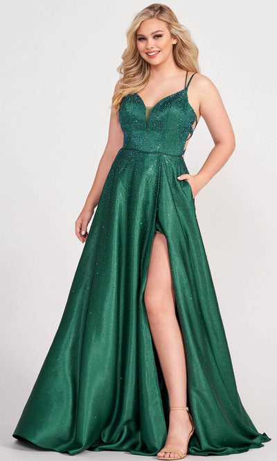 Ellie Wilde EW34131 - V-Neck Beaded Satin Prom Gown Prom Dresses 00 / Emerald